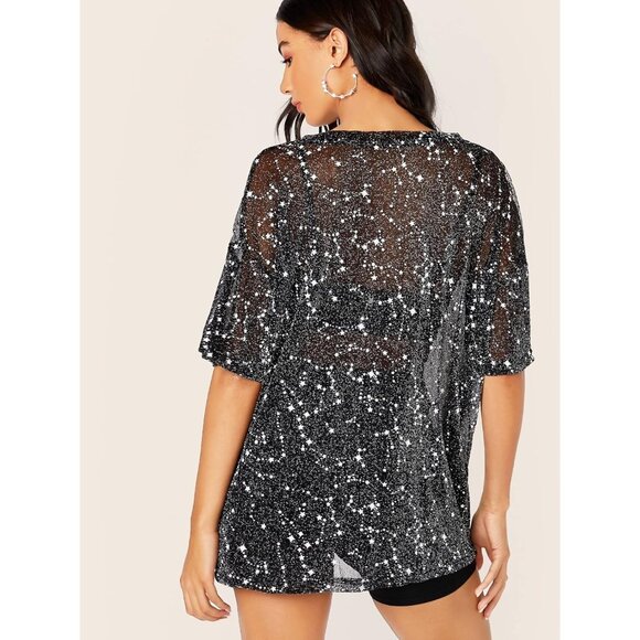 🆕 Women Black Glitter Sheer Tops Mesh Tee Short Sleeve Blouse Through T Shirts - Picture 2 of 5